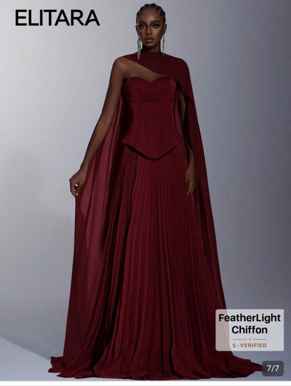 Elitara Wine One-Shoulder Cape Pleated Maxi Dress